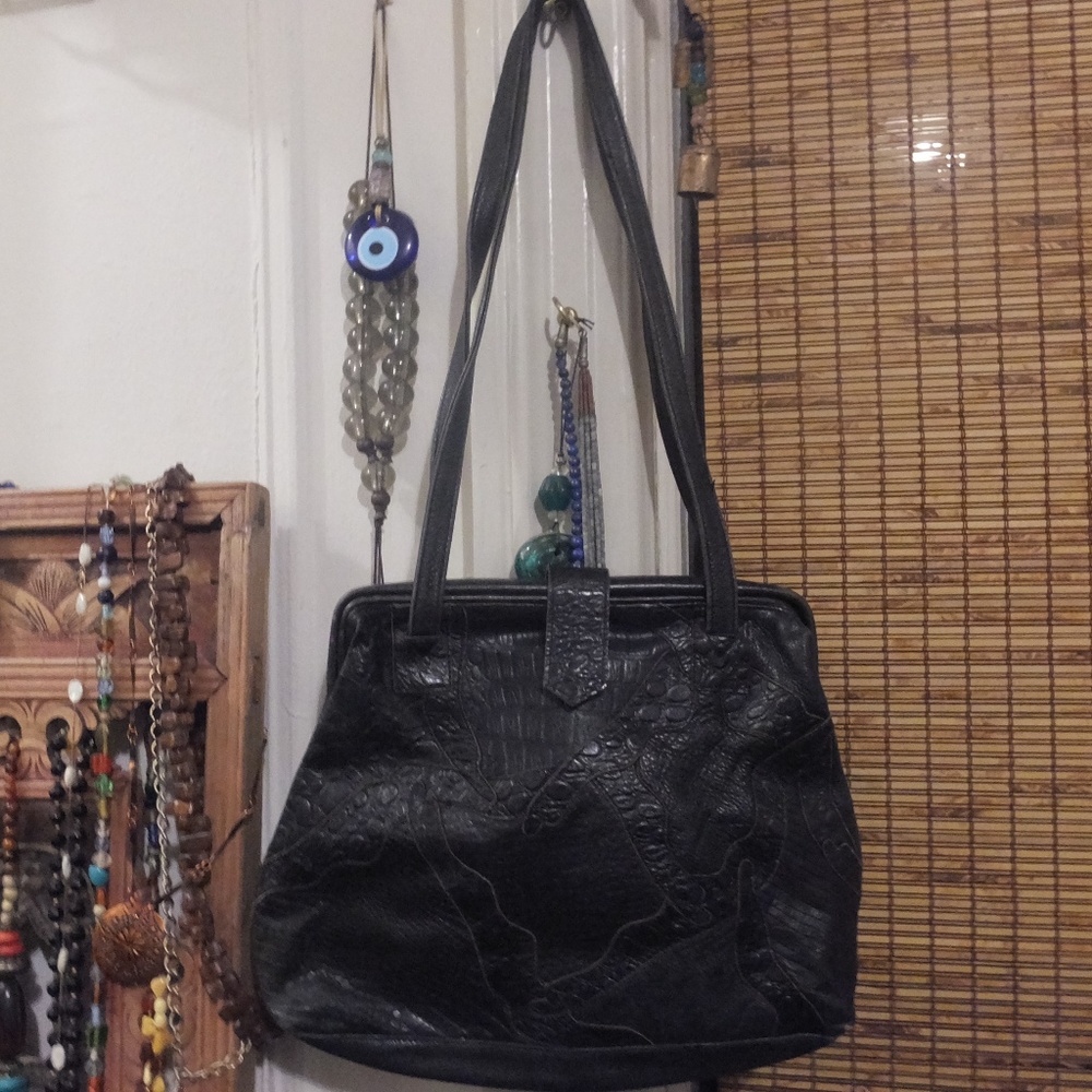 80s Black Reptile Leather Patchwork Satchel Shoulder Bag - Picture 8 of 8